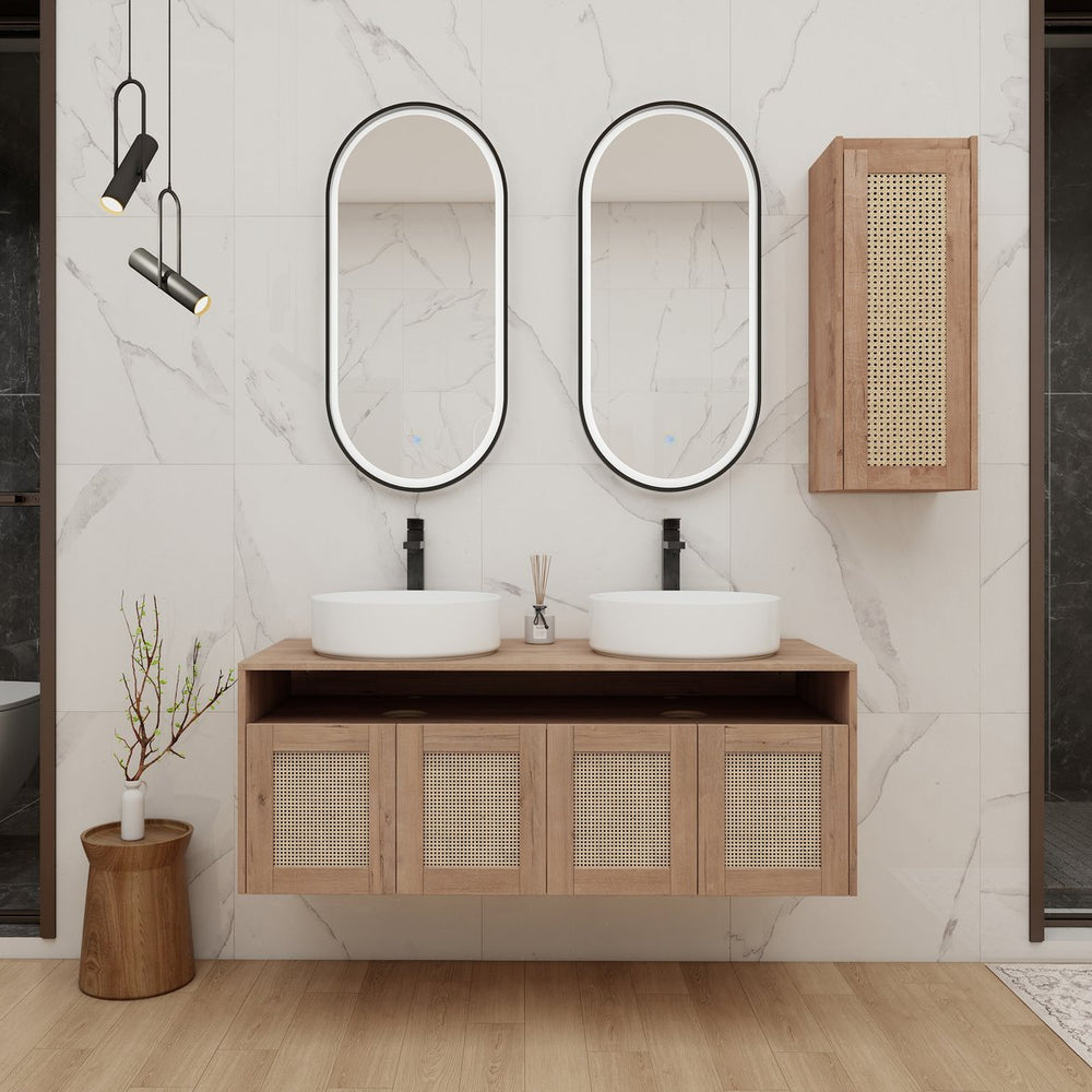 English Elm 48" Floating Bathroom Vanity Oak Finish Dual Ceramic Sinks Four Soft Close Doors W999S00498