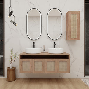 English Elm 48" Floating Bathroom Vanity Oak Finish Dual Ceramic Sinks Four Soft Close Doors W999S00498