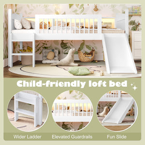 English Elm Twin Xl Solid Pine Loft Bed with Built-in Led Lighting and Storage Shelves Light White W1580S00364