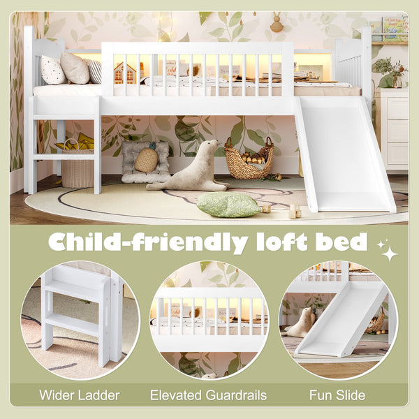English Elm Twin Xl Solid Pine Loft Bed with Built-in Led Lighting and Storage Shelves Light White W1580S00364