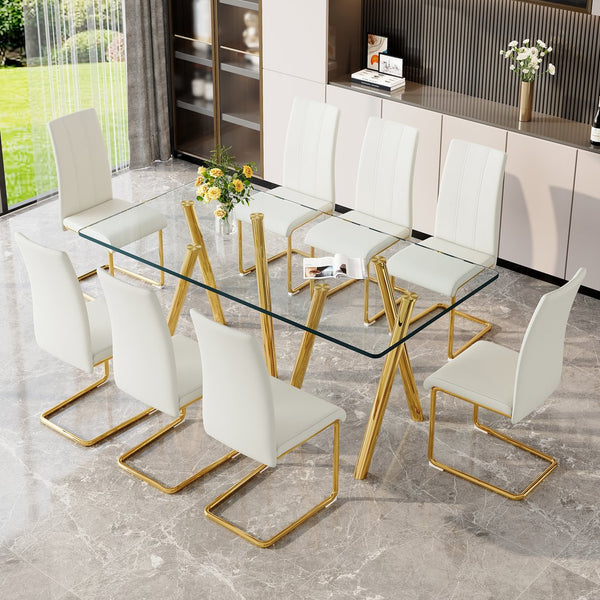 English Elm Tempered Glass Rectangular Dining Set Seats 8 with Glam Metal Legs Pu Leather Chairs Gold,White W3875S00055