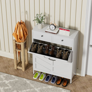 English Elm Shoe Cabinet Slim Steel Entryway Organizer with Flip Compartments and Retro White Finish T2398P413025