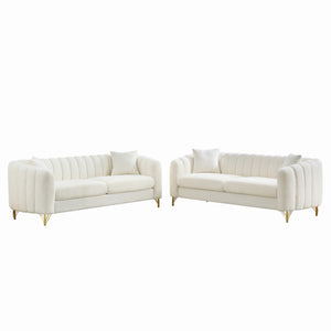 English Elm Oversized Chenille Three Seat Tufted Sofa with Gold Legs for Glam Living Rooms W3373S00075
