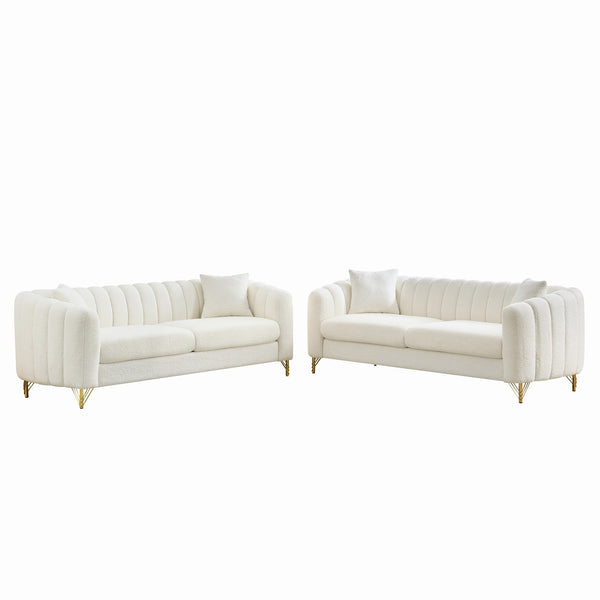 English Elm Oversized Chenille Three Seat Tufted Sofa with Gold Legs for Glam Living Rooms W3373S00075
