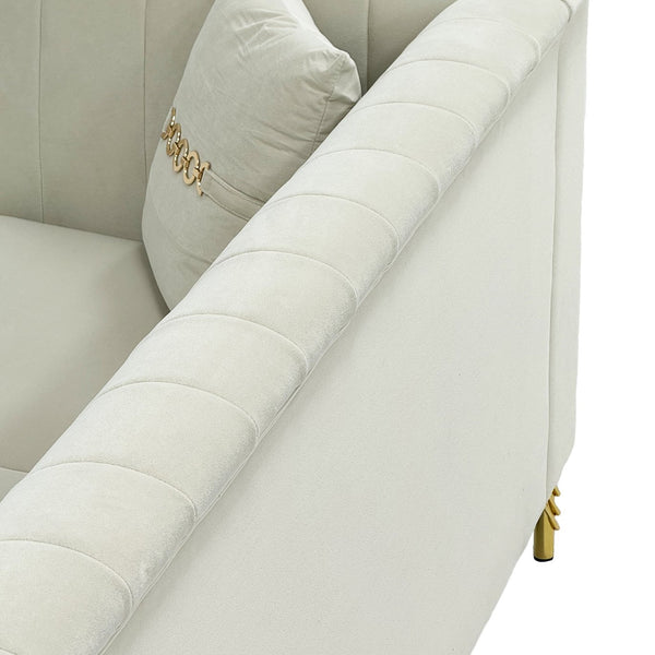 English Elm Fx-P82-Be3 - Luxurious Beige Velvet Chesterfield 3-Seater Sofa With 2 Pillows For Modern Living Spaces W576S00220