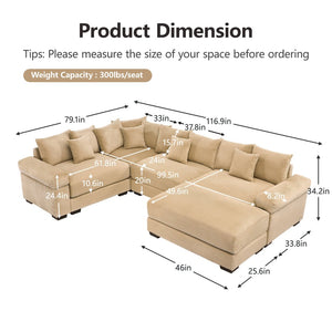 English Elm Oversized Cloud Modular Sectional Couch - Plush Camel Corduroy, Ergonomic Design & Movable Ottoman W714S01314-GIGA