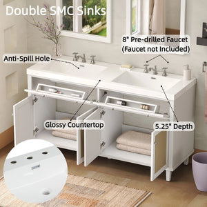 English Elm Christopher Knight Home® - 60 Inch Bathroom Vanity with Double Sinks SMC, Rattan Doors, Soft-Close Drawers, Stable Pine Legs White N817P296140W
