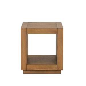 English Elm Square Contemporary End Table with Plinth Base and Open Shelf, Medium Oak Finish, 20" W x 22.1" H B2741P395381