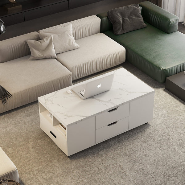 English Elm Modern Lift Top Coffee Table with Hidden Storage and Two Cushioned Stools Included W1321S00047