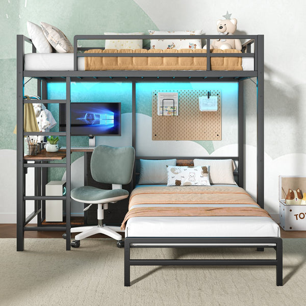 English Elm Bunk Bed Steel Frame with Rgb Lighting Charging Station Drawers and Folding Desk W1820P420816