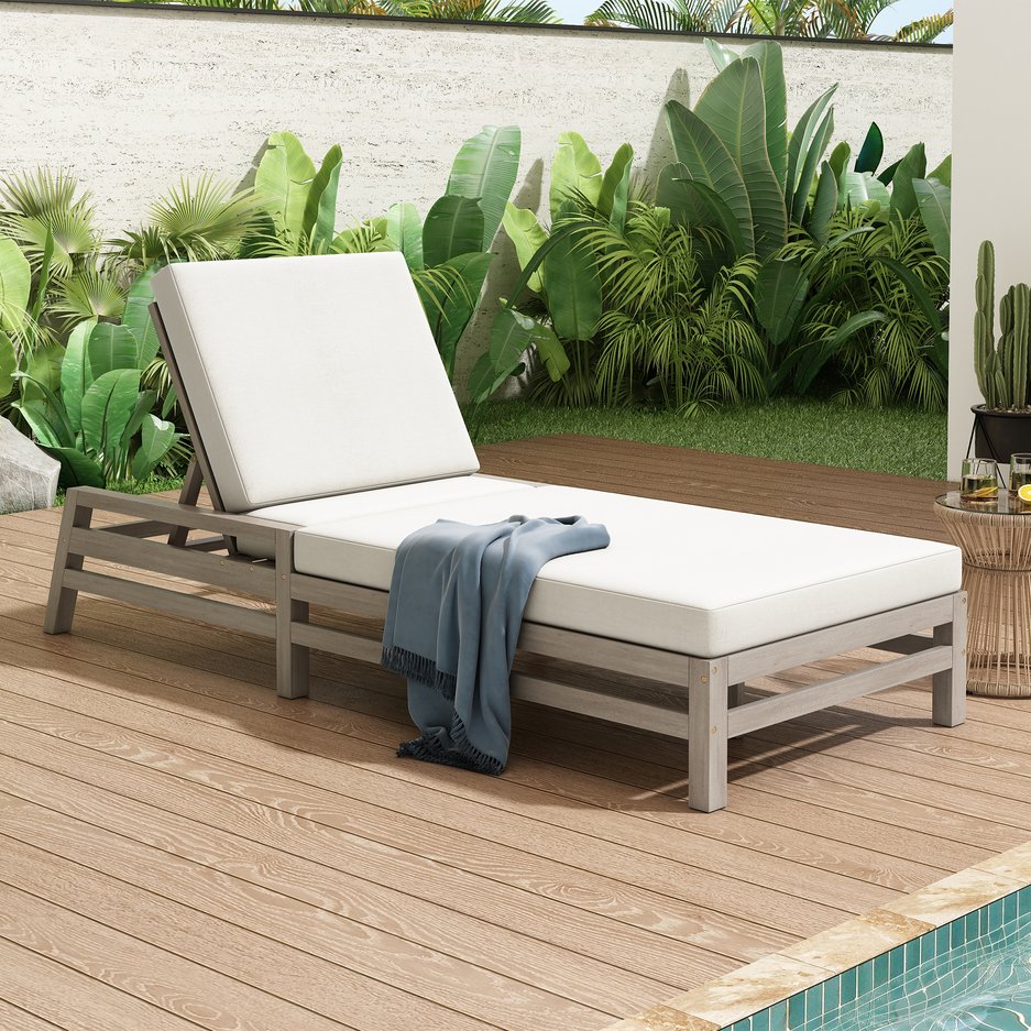 English Elm Trexm Acacia Wood Outdoor Recliner Lounge Chair with Cushions Five Position Patio Gray N715P404843E