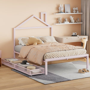 English Elm Full Metal Platform Bed with House-Style Headboard, Two Smooth Storage Drawers, Sturdy 350lb Capacity Pink MF320571AAH