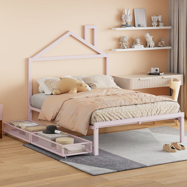 English Elm Full Metal Platform Bed with House-Style Headboard, Two Smooth Storage Drawers, Sturdy 350lb Capacity Pink MF320571AAH