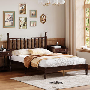 English Elm Full Full Size Wood Platform Bed with Gourd Headboard, Walnut Retro Charm, Solid Slat Support, 500LB Capacity N733P338317D