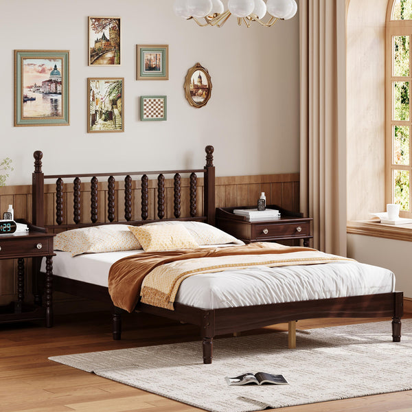 English Elm Full Full Size Wood Platform Bed with Gourd Headboard, Walnut Retro Charm, Solid Slat Support, 500LB Capacity N733P338317D