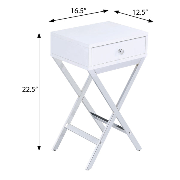 English Elm White White and Chrome 1-Drawer Rectangular Accent Table with Sleek X-Base, Compact Storage for Small Spaces B062P185654