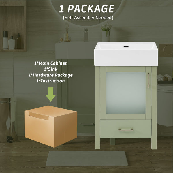 English Elm 20-Inch modern bathroom vanity with ceramic sink, soft-close door and ample storage for small spaces Green WF324691AAF