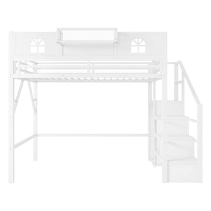 English Elm Full Size Loft Bed With Integrated Wardrobe, Stairs, House-Shaped Guardrails & Space-Saving Design W2593S00037