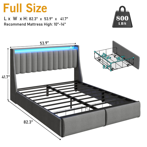 English Elm Full Size Linen Tufted Storage Bed with Rgb Lighting and Built in Charging Ports T3963P481919