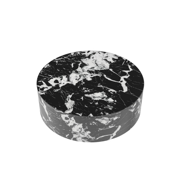 English Elm Tavola Round Coffee Table with Marble Pattern Top and Metal Legs, Two Drawers for Stylish Storage Black B341P321162