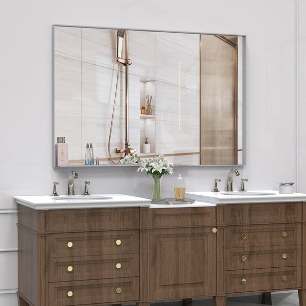 English Elm 48x32 Oversized Modern Rectangle Mirror with Silver Aluminum Frame Removable Tray Vertical/Horizontal W708P297399