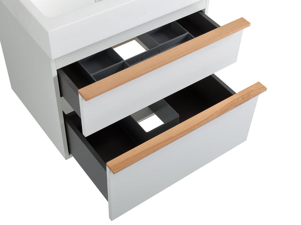 English Elm VELA 24 Inch Wall Mounted Bathroom Vanity with Integrated Acrylic Sink, Dual Wood Handles, Soft-Close drawers and Organizer White W3235P327448
