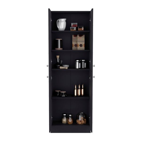 English Elm Pantry Cabinet Coahoma Black – Engineered Wood Kitchen Storage with Four Doors, Ample Shelves, Durable Design B092P191182