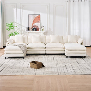English Elm 140.9-inch U-shaped Modular Sectional Sofa with Ottomans Chenille Cloud Cushions Beige W288S00029