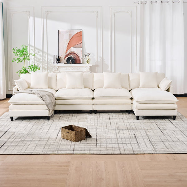 English Elm 140.9-inch U-shaped Modular Sectional Sofa with Ottomans Chenille Cloud Cushions Beige W288S00029