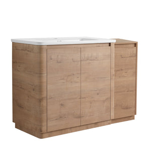 English Elm 48" Floating Bathroom Vanity Dual Ceramic Vessel Sinks Oak Finish Soft Close Doors W999S00512