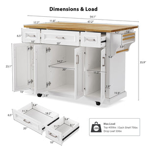 English Elm K&k Farmhouse Rolling Kitchen Island Rubberwood Drop Leaf 3 Drawers 4 Cabinet Doors White N707S195395W