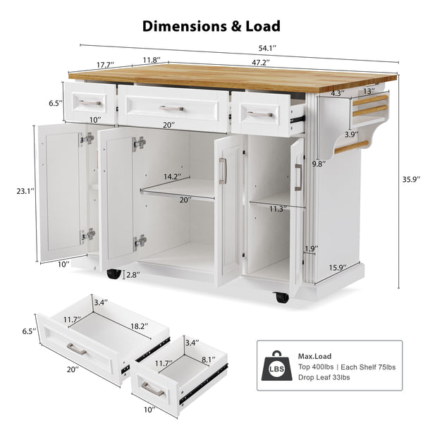 English Elm K&k Farmhouse Rolling Kitchen Island Rubberwood Drop Leaf 3 Drawers 4 Cabinet Doors White N707S195395W