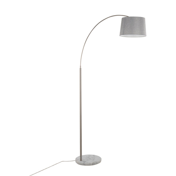 English Elm March Contemporary Floor Lamp - Sleek Nickel Arc With White Marble Base & Grey Linen Shade Design B202S01375