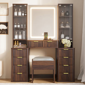 English Elm 43.5" Fluted Makeup Vanity with Led Mirror Glass Top Gold Hardware and Storage Stool Brown N704G202305P
