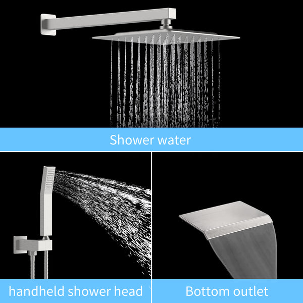 English Elm Rain 10-Inch Square Shower System with Waterfall Tub Spout, Handheld Sprayer, Pressure-Balanced Valve Combo Brushed Nickel T3177P269100