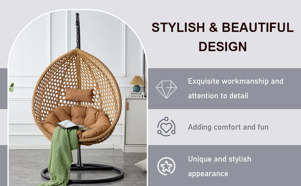 English Elm 76.8-inch Hand Woven Rattan Egg Swing Chair Indoor Outdoor with Cushion Lumbar Pillow Yellow W1512P498594