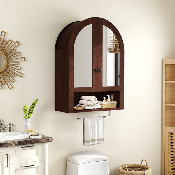 English Elm Wall Mounted Arched Cabinet Tempered Glass Doors Led Lighting Adjustable Shelves Bathroom Brown T3210P471559