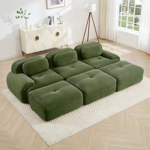 English Elm Three-seat Modular Corduroy Sectional Sofa with Ottomans for Living and Media Rooms Olive Green W714S01260