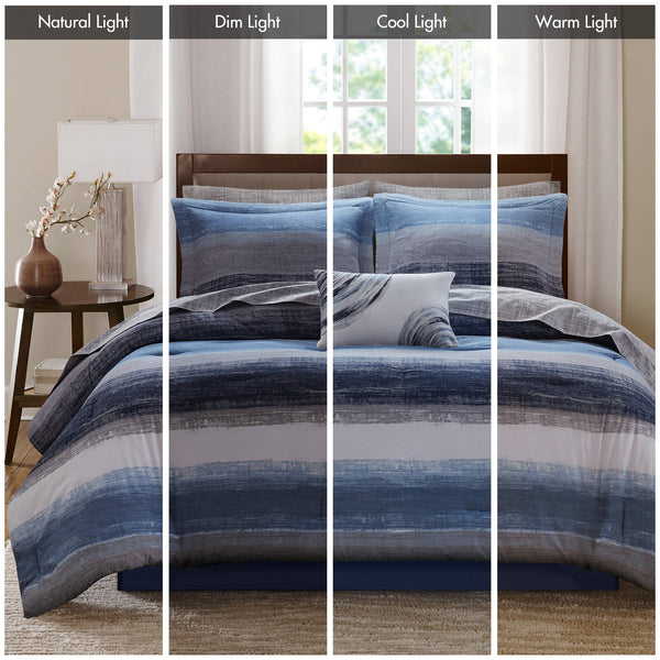 English Elm 9-piece Cal King Bedding Set Watercolor Stripe Cotton Sheets Comforter Navy B035P408258