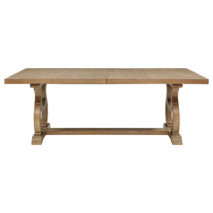 English Elm Fremont Trestle Rectangular Dining Table with Distressed Hardwood and Extension Leaf B062S00831