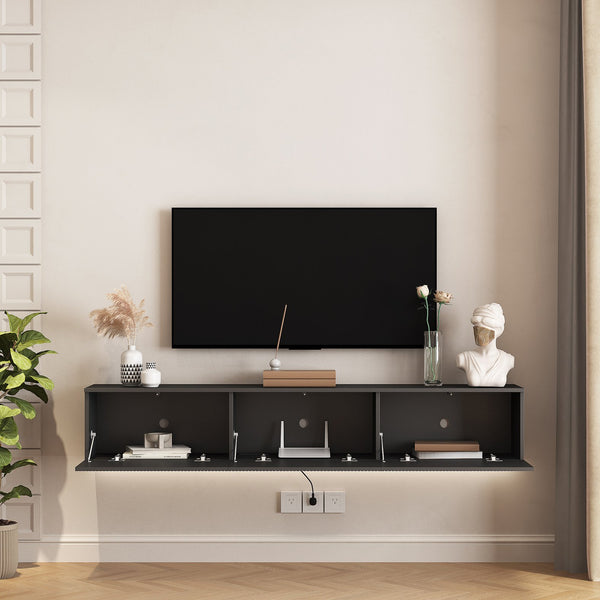 English Elm Floating TV Stand Wall Mounted with 16-Color LED Accent Lights, Modern 69" Floating Cabinet with Ample Storage and Sturdy MDF Build Black 74.8 L x 21.46 W x 5.51 H W1321P292553