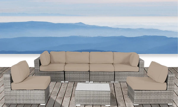 English Elm Luxury Outdoor Patio Sofa Set Grey — All-Weather Wicker Sectional with 14 Cushions, Table, Chairs, Ready to Use B120S00002