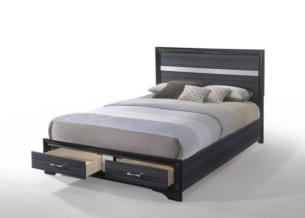 English Elm Black Queen Bed with Storage Drawers, 3D Texture Veneer & Sparkling Trim, No Box Spring Needed B062S00511