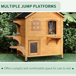 English Elm Pawhut Weatherproof 2-Story Cat House With Jumping Platforms, Escape Door & Openable Roof For Cats W2225P217567-GIGA