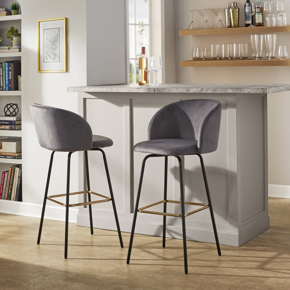 English Elm Fixed-height Swivel Barstools Velvet Seat Gold Footrest Glam Kitchen Island Set of 2 Grey B202S01909