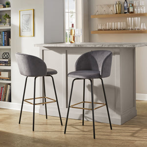 English Elm Fixed-height Swivel Barstools Velvet Seat Gold Footrest Glam Kitchen Island Set of 2 Grey B202S01909