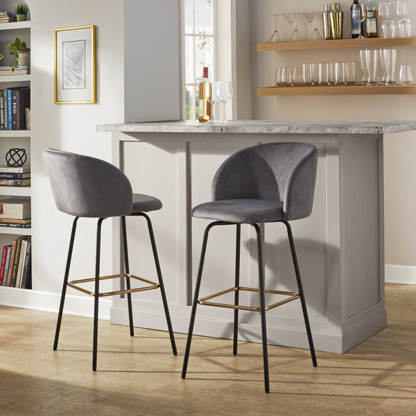 English Elm Fixed-height Swivel Barstools Velvet Seat Gold Footrest Glam Kitchen Island Set of 2 Grey B202S01909