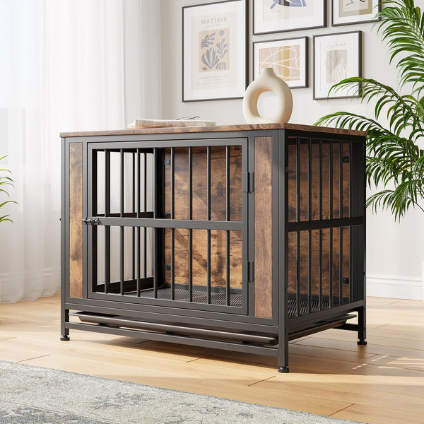 English Elm Dog Crate Furniture Wooden Kennel with Iron Frame Rustic Side Table for Small Pets W840P203066