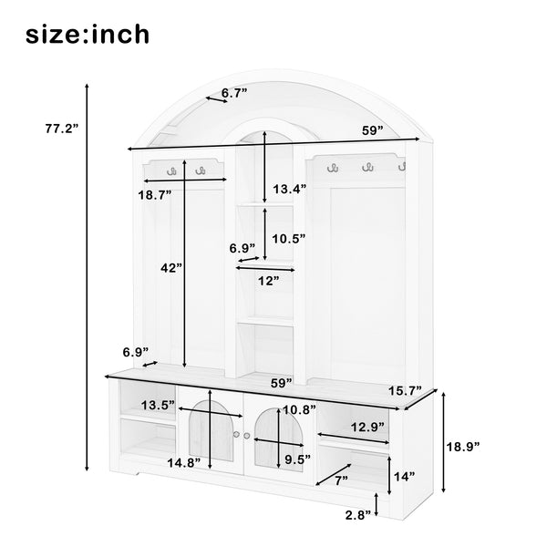 English Elm Multi-functional Hall Tree with Mdf Body Open Shelves Hooks and Scandinavian Two-tone Style White+Walnut SJ000158AAK