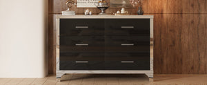 English Elm Elegant High Gloss Dresser with Metal Handles and Mirrored Panels, 6-Drawer Space-Saving Storage Solution Black 55.71 L x 19.29 W x 10.63 H N733P205355B